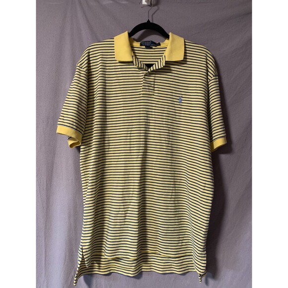 Polo Ralph Lauren Polo Shirt Mens Large Yellow‎ Blue Striped Short Sleeve - Picture 1 of 15